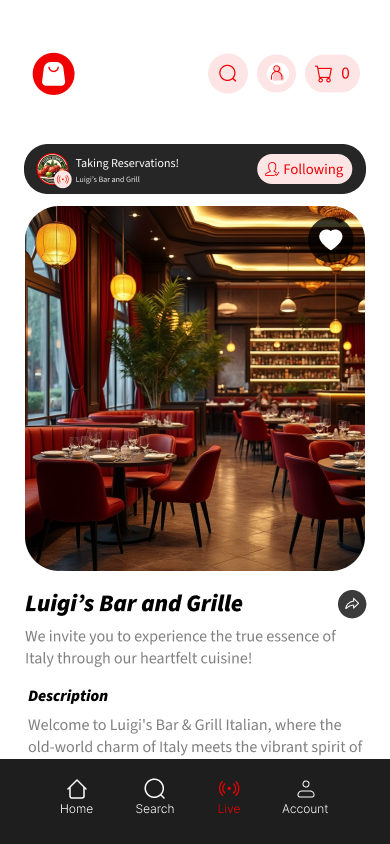 Layout of Restaurant profile where user can find description, reviews, directions, and make reservations.